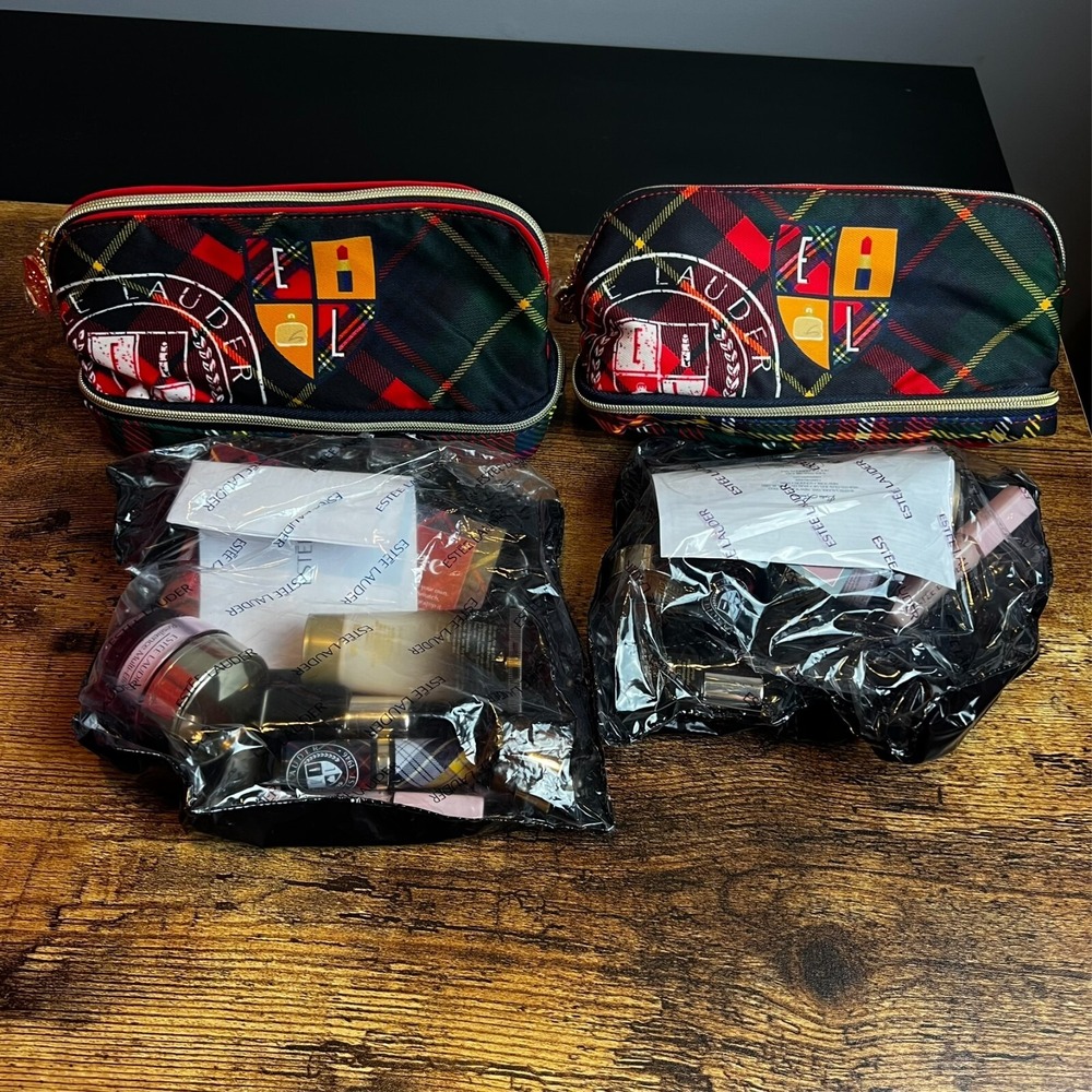 Lot of 2 ESTEE LAUDER Red Plaid Tartan 7 pc Makeup Bag w/Travel Sample Products
